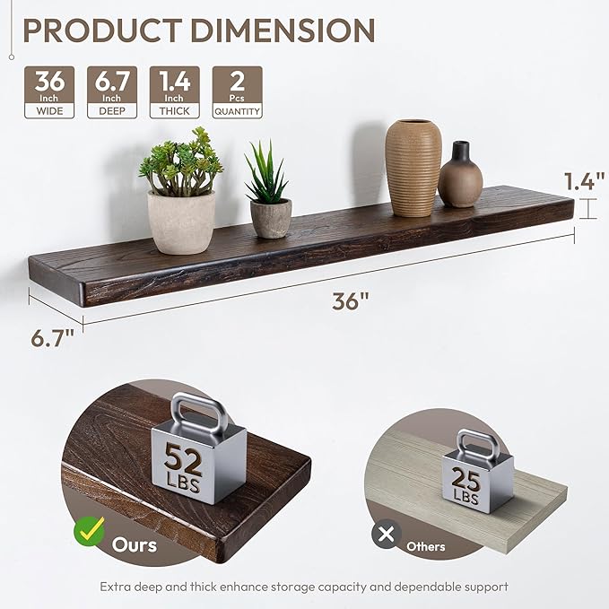 Marsmiles 36 inch Floating Shelves for Wall Solid Elm Wood Shelves|Rustic Wall Mounted Shelves with Heavy-Duty Invisible Bracket for Bathroom Living Room Kitchen|Rounded Edge Design|Walnut, 2 Pack