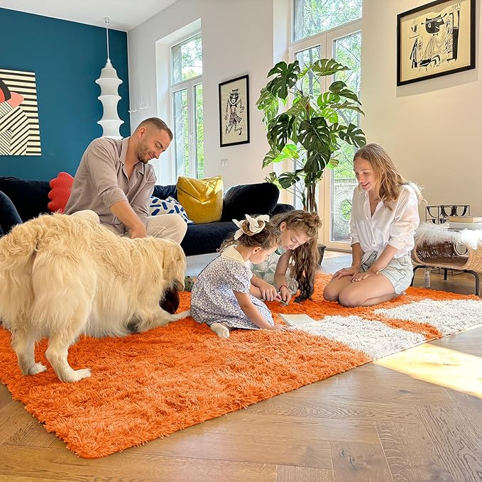 OLANLY 9x12 Machine Washable Large Area Rugs for Living Room, Bedroom, Soft Fluffy Shaggy Bedside Rug, Indoor Floor Carpet for Kids Girls and Boys, Dorms, Nursery, Home Decor Aesthetic, Orange