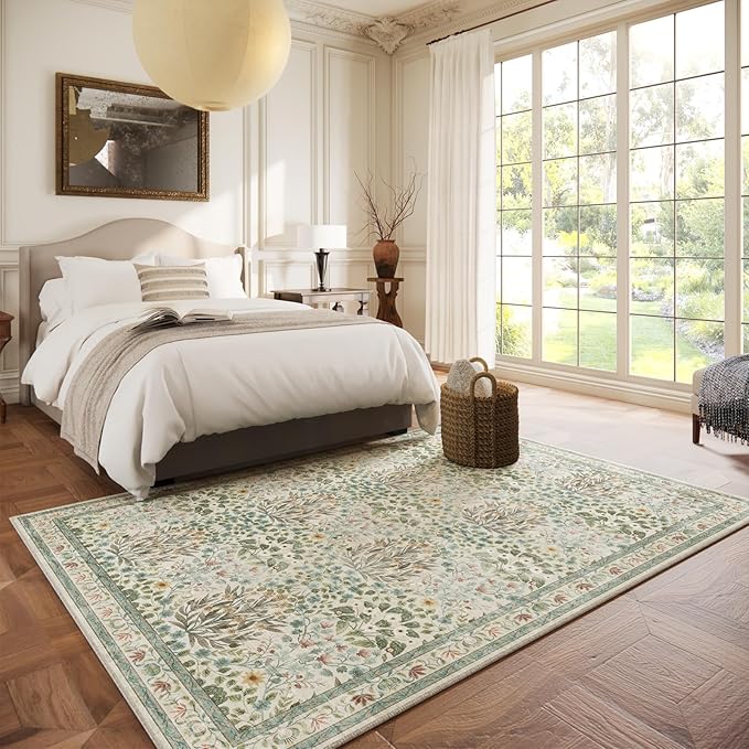 Beige Blue Area Rug 5x7 - Vintage Washable Floral Rug for Living Room, Bedroom, Nursery & Entryway - Low Pile, Non-Slip, Stain Resistant, Retro Indoor Carpet