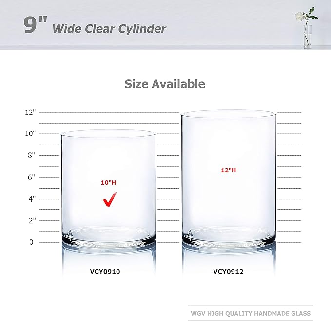 WGV Cylinder Vase, Width 9", Height 10", Clear Wide Large Diameter Flower Glassware, Floral Container, Planter Terrarium for Wedding Party Event, Home Accent Decor, 1 Piece