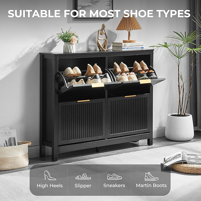 4 Flip Drawers Shoe Cabinet Storage for Entryway, Narrow Hidden Shoes Organizer Wood Cabinet Front Door Free Standing Entrance Thin Front Door Shoe Rack Storage for Entryway(Black)