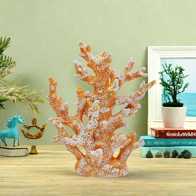 Etlemonde Beach Coastal Decor Coral Reef Home Decor Coral Statue Sculpture Home,Desk,Bathroom,Desktop Shelf Statue,Marine Themed Gifts (Golden Orange Coral)