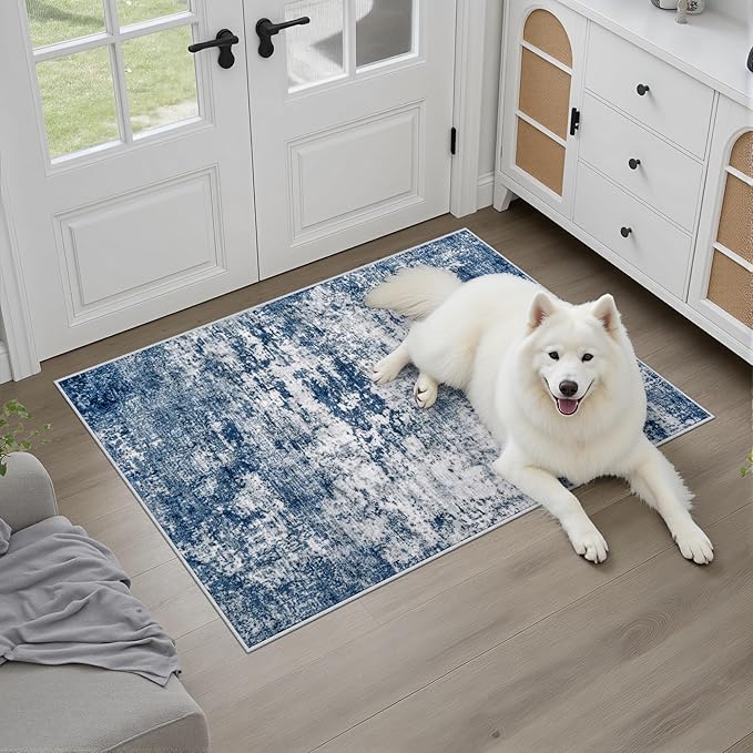 Washable Area Rug 2x3 Entryway Rug: Washable Modern Abstract Soft Thin Rug Indoor Floor No Slip Stain Resistant Carpet for Bedroom Dining Room Farmhouse Nursery Home Office - Blue