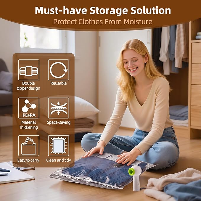 12 Pack Vacuum Bags for Travel with Rechargeable Air Pump Equipped LED Light,Vacuum Travel Bags,Vacuum Storage Bags (4L+4M+4S),80% Space Saver Vacuum Seal Bags for Blankets,Comforters,Luggage