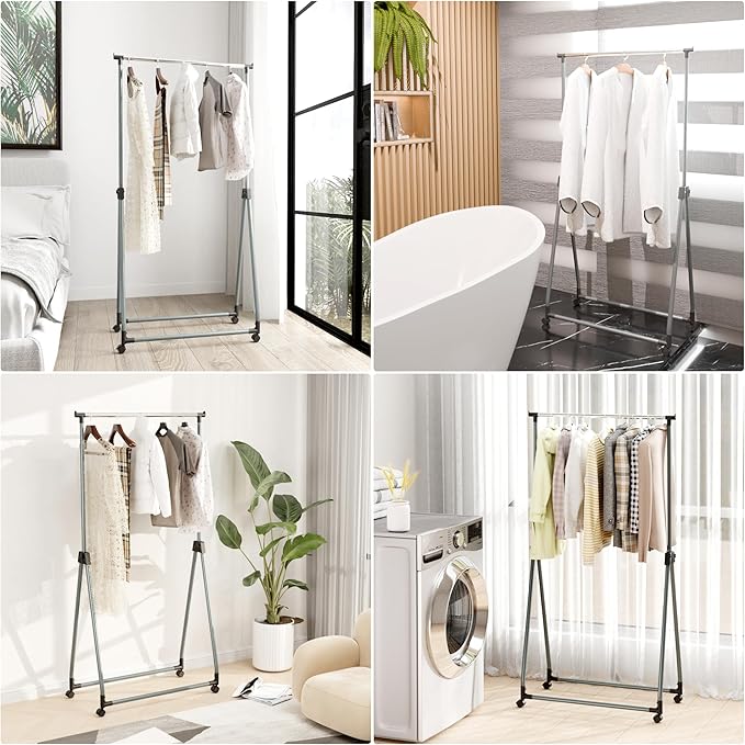 Whitmor Foldable Garment Rack - Rolling Clothes Rack - Adjustable Height Garment Rack, Heavy Duty Foldable Clothes Rack with Adjustable Hanging Rod for Home Office- Silver & Black