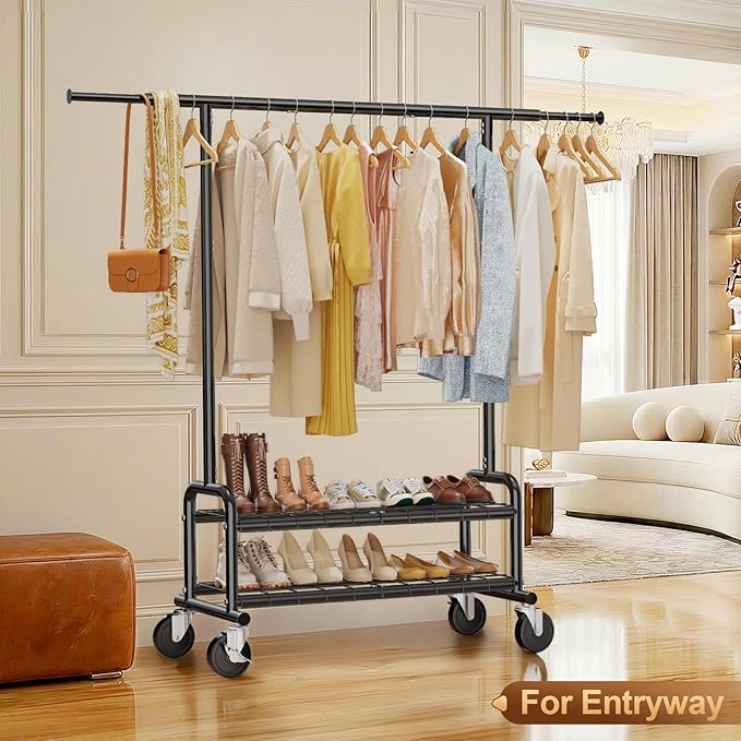Heavy Duty Clothes Rack - Load 660 LBS, Rolling Clothing Rack for Hanging Clothes with Lockable Wheels & Shelves, Portable Garment Rack for Bedroom, Laundry, Living Room (Modern, Black)