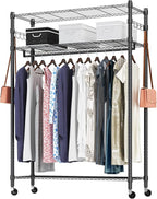 BATHWA Rolling Garment Rack with Adjustable Wire Shelf, 3 Tired Clothes Rack including 1 Clothes Hanging Bar, 1 Roating Hanger Hooks - Hold Up to 400Lbs (Black, 1Rod 1Hook)