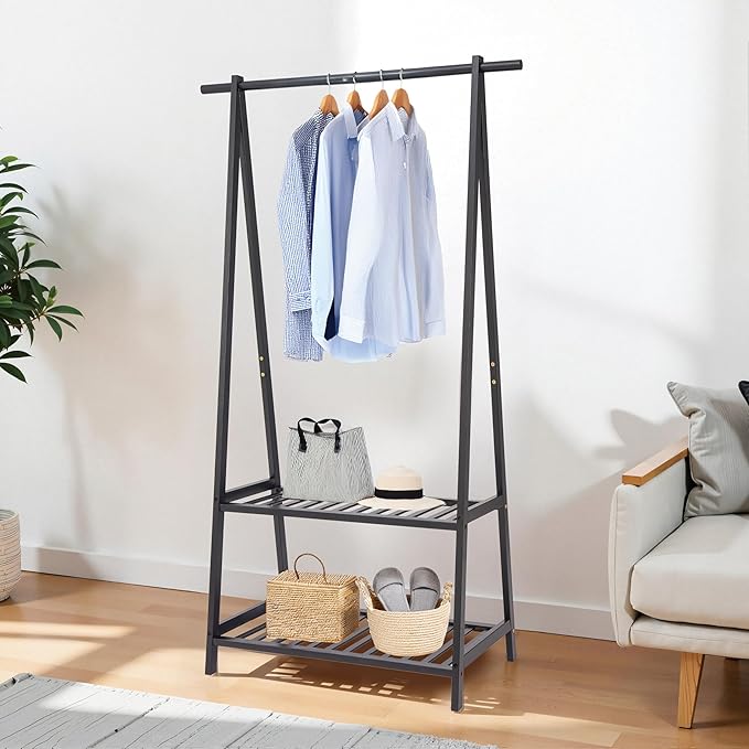 Finnhomy Bamboo Clothes Rack Portable Extra Large Garment Rack 2-Tire Storage Box Shelves For Entryway and Bed Room Patented Design (Black)