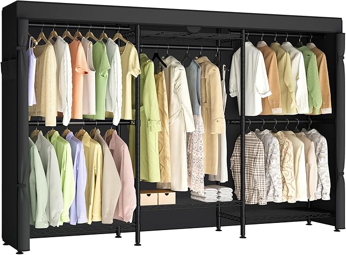 SONGMICS Heavy-Duty Rolling Clothes Rack, Garment Rack, Portable Closet on Wheels, with Adjustable Mesh Shelves and Hanging Rails, Fabric Cover, 15.8 x 86.4 x 76 Inches, Ink Black ULGR437BH01