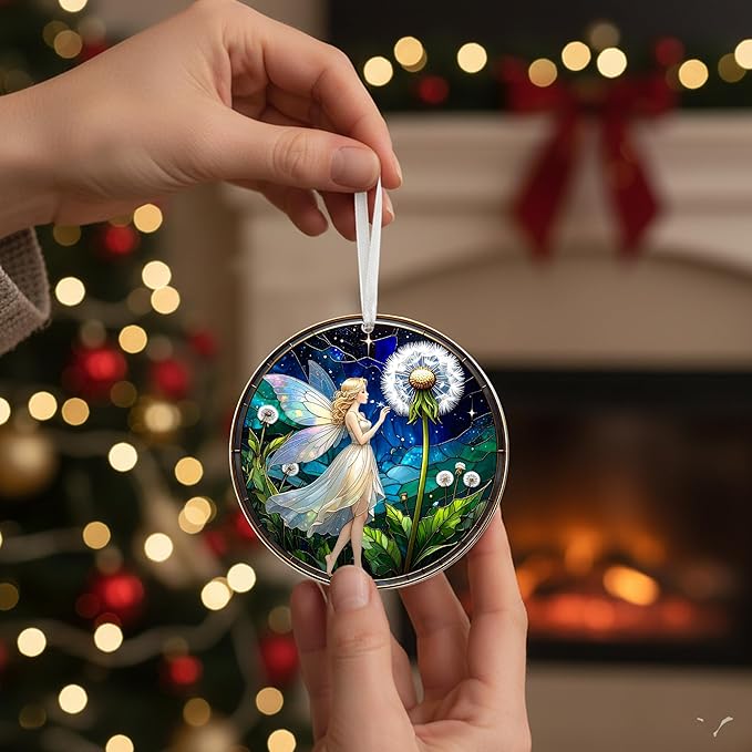 2025 Christmas Ornaments, Christmas Tree Ornaments Acrylic, Faux Stained Glass Effect White Elephant Gifts Exchange, Unique Suncatcher Xmas Stocking Stuffers for Women, Men (Fairy)