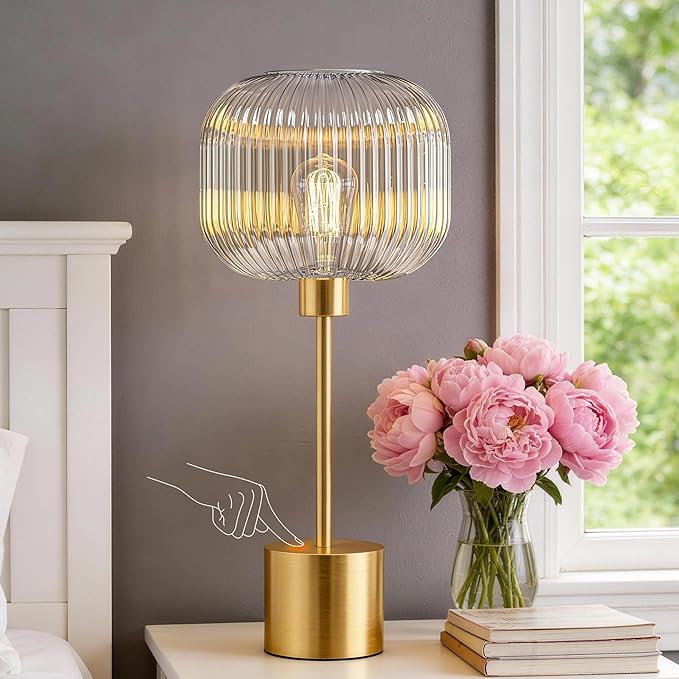 QiMH Glass Table Lamp for Living Room, Modern Bedside Lamp with Clear Ribbed Glass Shade, 3-Way Dimmable Touch Control Nightstand Lamp for Bedroom, Brushed Gold (2700K LED Bulb Included)