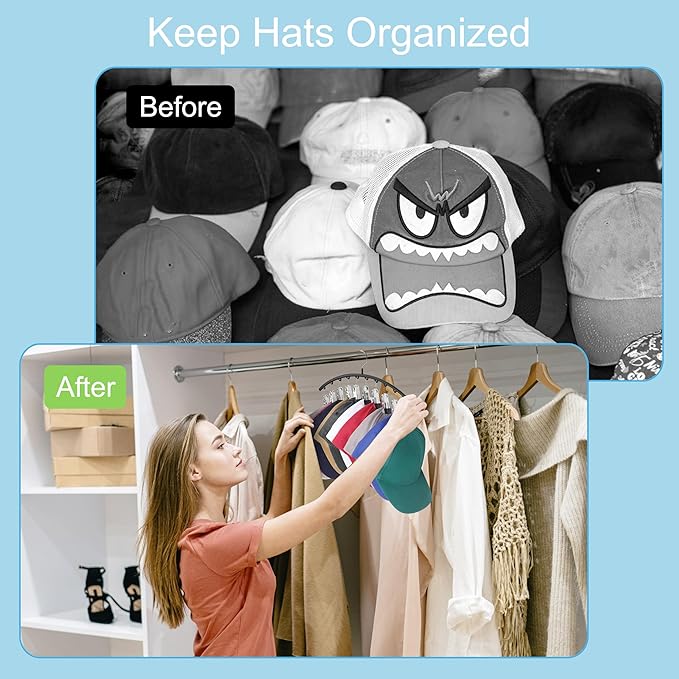 Hat Hangers for Closet, Metal 2 Pack Hat Organizer Holder for Hanger Closet Display, Hat Racks for Baseball Caps w/10 Clips, Hat Holder for Ball Caps & Accessories, for Men Women, Black