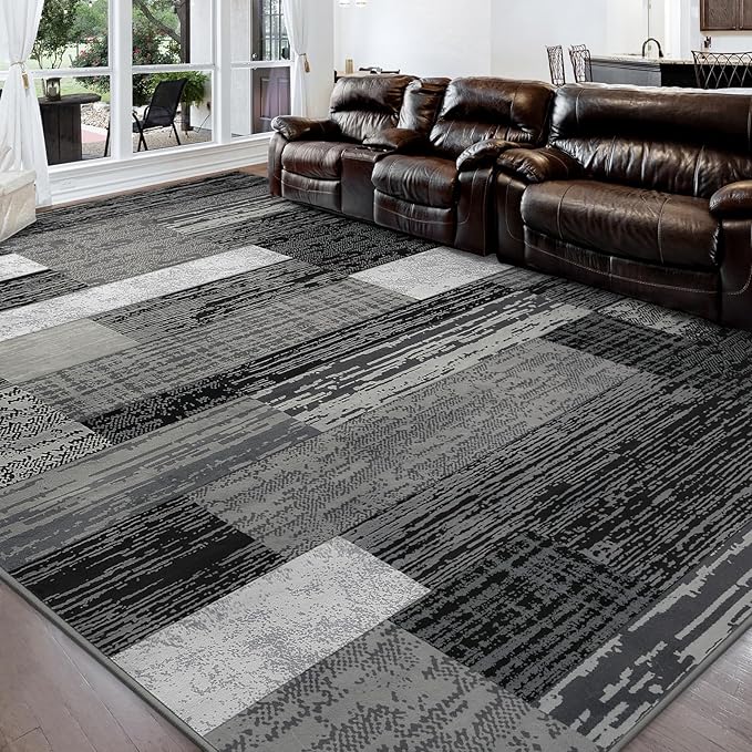 FlyDOIT Modern Geometric Patchwork Area Rug, 8x10 Grey Large Rugs for Living Room, Rockwood Collection Indoor Rugs for Bedroom, Throw Carpet Floor Decor for Entryway Dining Room Office Nursery
