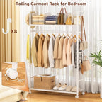 Portable Clothes Rack with Adjustable Shelf Divider, Freestanding Closet Organizers and Storage, Garment Rack and Purse Storage with 8 Hooks, Clothes Organizer on Wheels for Hanging Clothes, White
