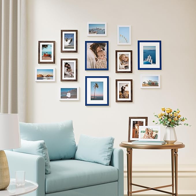 Vittanly 15 Pack Picture Frames Collage Wall Decor, Multi Sizes Including 3pcs 8x10, 6pcs 5x7 and 6pcs 4x6 Photo Frames, Gallery Frame Set for Wall or Tabletop Display, Blue, Brown and White