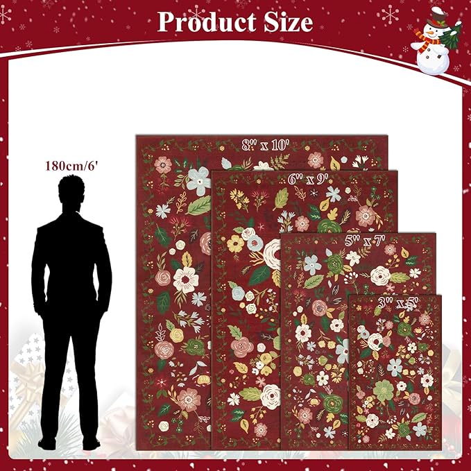 U'Artlines Red Christmas Area Rug 8x10,Floral Large Rugs for Living Room, Non Slip Non Shedding Floral Vintage Low Pile Carpet for Bedroom, Dining Room,Classroom,Farmhouse,Office (Red)