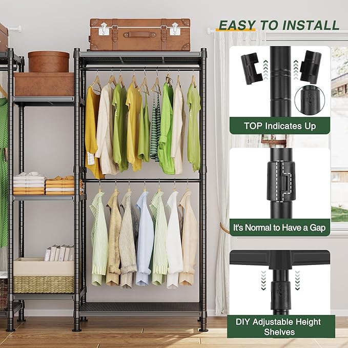 LEHOM G6 Clothes Rack Heavy Duty Freestanding Garment Rack with Shelves, Metal Clothing Closet Wardrobe Storage System for Hanging Clothes, 76.8" D x 17.7" W x 74.4" H, Hold 800 lbs, Black