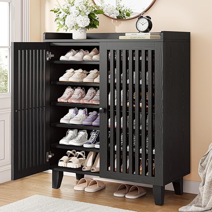 IRONCK Shoe Cabinet with Slatted Doors, 6-Tier Shoe Storage Cabinet with Adjustable Shelves, Wooden Shoe Rack Organizer for Entryway, Hallway, Closet, Living Room, Black