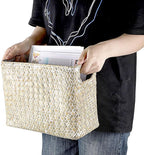 BTSKY Handwoven Magazine Holder, Natural Seagrass Magazine Basket with Metal Rack, Mail Holder Floor Organizer for Office, Living Room, Dorm, Bathroom, Woven Rattan File Basket with Handle (White)