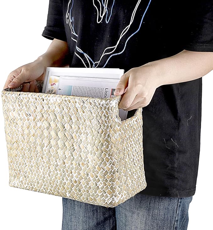 BTSKY Handwoven Magazine Holder, Natural Seagrass Magazine Basket with Metal Rack, Mail Holder Floor Organizer for Office, Living Room, Dorm, Bathroom, Woven Rattan File Basket with Handle (White)
