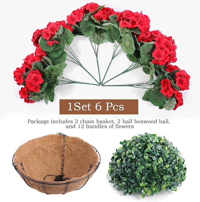 Hananona 2 Set Artificial Red Geraniums Flowers for Outdoors with Hanging Baskets, 2 Hanging Planters with 12 Pcs Red Geranium Flowers for Christmas Front Porch Garden Patio Home Decor (2, Red)