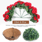 Hananona 2 Set Artificial Red Geraniums Flowers for Outdoors with Hanging Baskets, 2 Hanging Planters with 12 Pcs Red Geranium Flowers for Christmas Front Porch Garden Patio Home Decor (2, Red)