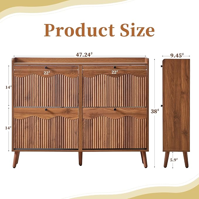 BERRYMERRY 47.2” Shoe Storage Cabinet for Entryway with 4 Flip Drawers, Narrow Shoe Organizer with Wave&Fluted Panel, Freestanding Wood Hidden Shoe Cabinet for Hallway