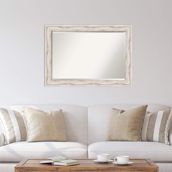 Amanti Art White Wall Mirror 29x41 Alexandria White Wash Rectangle Bathroom Mirror for Wall Decor Living Room, Large Cottage Wood Frame, Hangs Horizonally and Vertically, Bathroom Decor, Beveled Edge