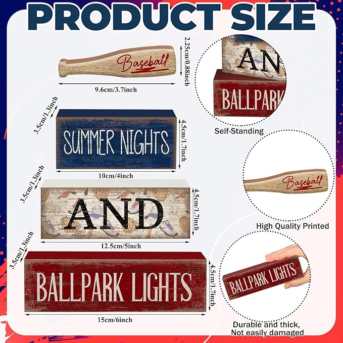 Lineshading 4 Pcs Baseball Decorations Stacked Wooden Blocks Signs with Bat Topper, Summer Nights Ballpark Lights Decor - Baseball Table Decor Ideal Gift for Fans Boys Room Party Coffee Shelf