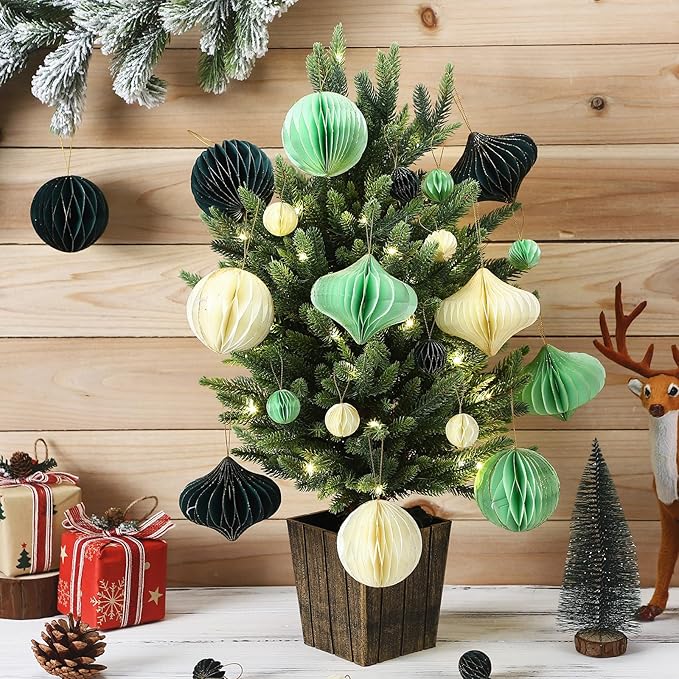 TecUnite 50 Pcs Christmas Paper Honeycomb Ornaments for Tree Vintage 3D Mini Glitter Edge Paper Christmas Ornament Honeycomb Tree Hanging Neutral Boho Holiday Xmas Party Decoration(White, Green)