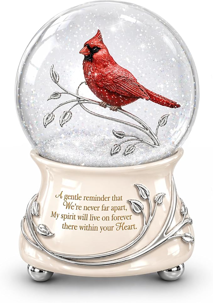 Messenger from Heaven Memorial Cardinal Glitter Globe, Heirloom Porcelain Base, Sculpted Cardinal, Plays 'Always in My Heart'