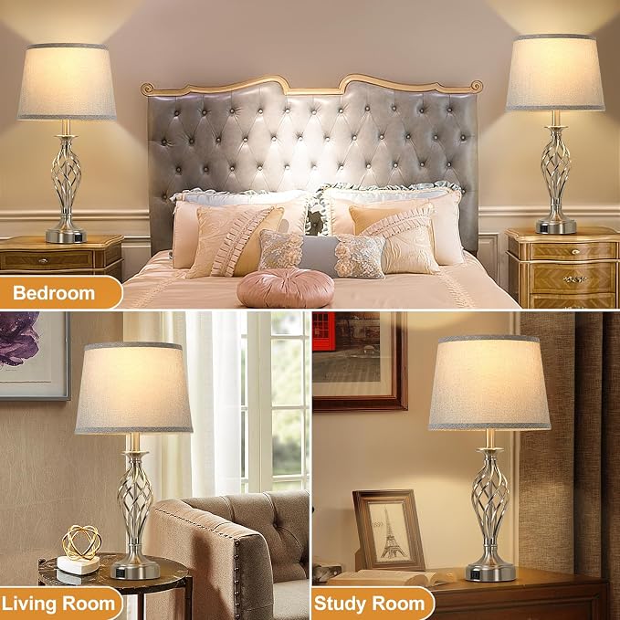 Nightstand Table Lamps for Bedrooms Set of 2 with USB C+A, Bedside Lamps with Spiral Cage Base, Tall Living Room Lamps for End Tables, Modern Night Stand Lamps for Bed Side Guest Room Bulbs Included