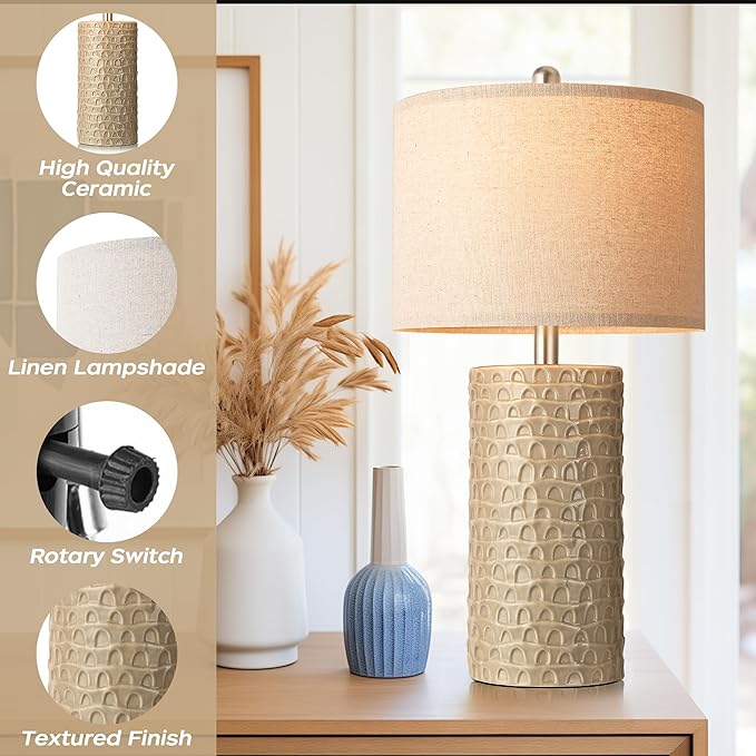 PARTPHONER 23" Modern Ceramic Table Lamp Set of 2, Table Lamps for Living Room, Rustic Farmhouse Bedside Lamps Nightstand lamp for Bedroom, Desk Lamp for End Table Home Decor Beige