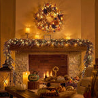 Valery Madelyn 24 inch Fall Pumpkin Teardrop Swag Autumn Harvest Door Hanger with Green & White Mini Pumpkins, Eucalyptus, Raffia, Berries and Striped Bow for Front Door Thanksgiving Table Centerpiece