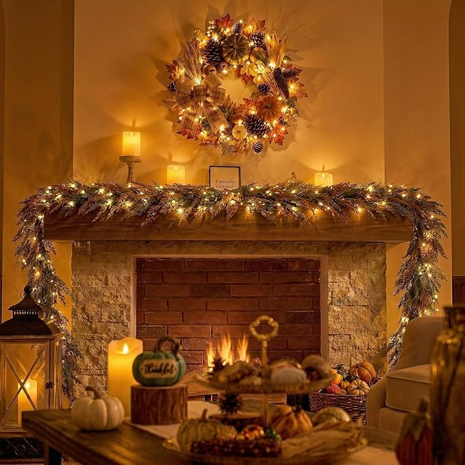 Valery Madelyn 24 inch Fall Pumpkin Teardrop Swag Autumn Harvest Door Hanger with Green & White Mini Pumpkins, Eucalyptus, Raffia, Berries and Striped Bow for Front Door Thanksgiving Table Centerpiece