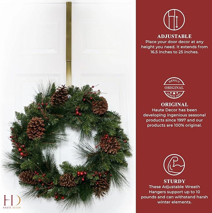 Haute Decor Adapt Adjustable Length Wreath Hanger 2-Pack (Antique Brass) - Two Front or Back Door Decor Holders, Extends from 16.5" to 25", Over Door Hanger with Pads on The Back, Holds up to 10 lbs.