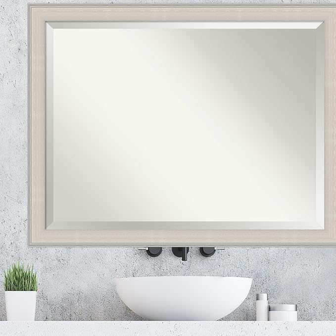 Amanti Art White Wall Mirror 34x44 Cottage White Silver Rectangle Bathroom Mirror for Wall Decor Living Room, X-Large Cottage Wood Frame, Hangs Horizonally and Vertically, Bathroom Decor, Beveled Edge