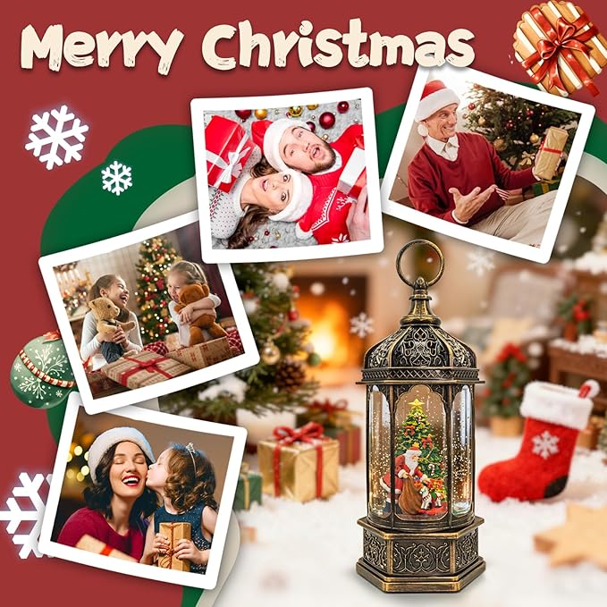 Christmas Snow Globes Lantern, Santa Claus & Gift Piles Christmas Decorations Indoor, 6H Timer Battery & USB Powered Light Up Musical Snow Globes for Kids Women Adults Gift Thanksgiving Home Decor