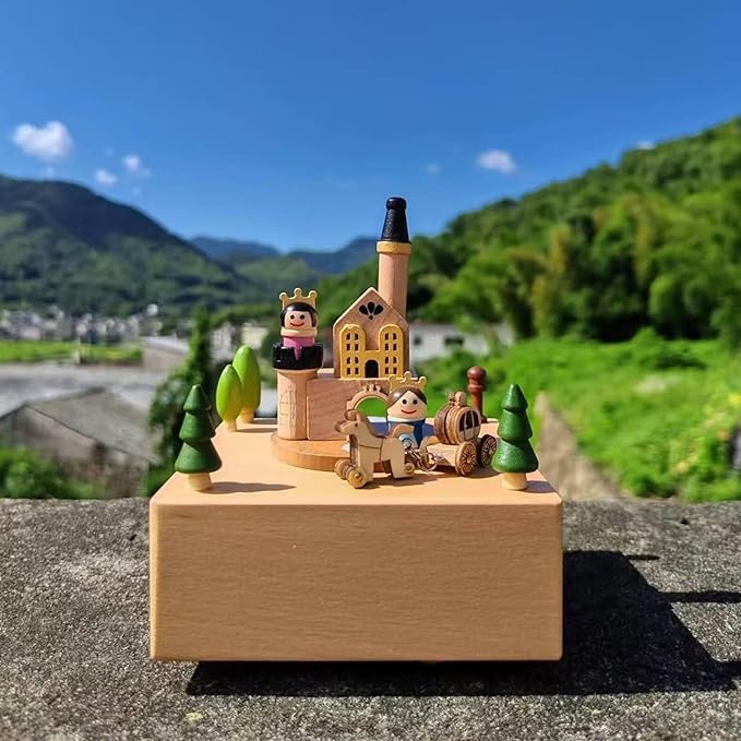 Natural Solid Wood Handcrafted Beech Wooden, Musical FigureTotoro/Carousel/Fairy/Ballerina Figurine,Rotating Hand Crank Mechanism Music Box,Musical Decorations (Prince and Princess)