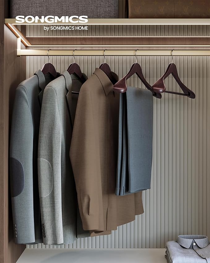 SONGMICS Extra Wide Wooden Suit Hangers, Set of 10 Clothes Hangers, Swivel Hooks, Non-Slip Bars, for Outfits, Suits, Coats, Shirts, Dresses, Mahogany UCRW050MZ01