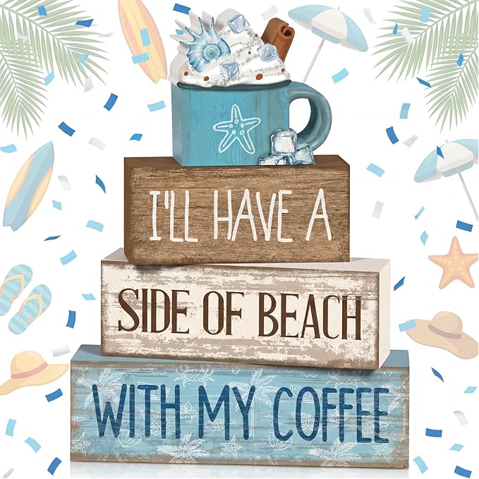 Lineshading 4 Pcs Summer Table Decorations Beach Coffee Bar Wooden Block Sign Blue Rustic Coastal Tiered Tray Decor with Coffee Cup Summer Centerpieces Decor for Beach Nautical Party Office Home