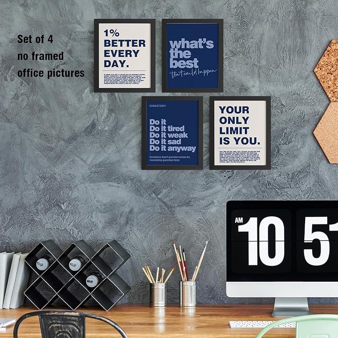 DSHFG Motivational Inspirational Office Wall Art Decor Prints Set of 4, Navy Blue Motivational Wall Decor Trendy Retro Posters for Office Home Decor, 8x10 Unframed