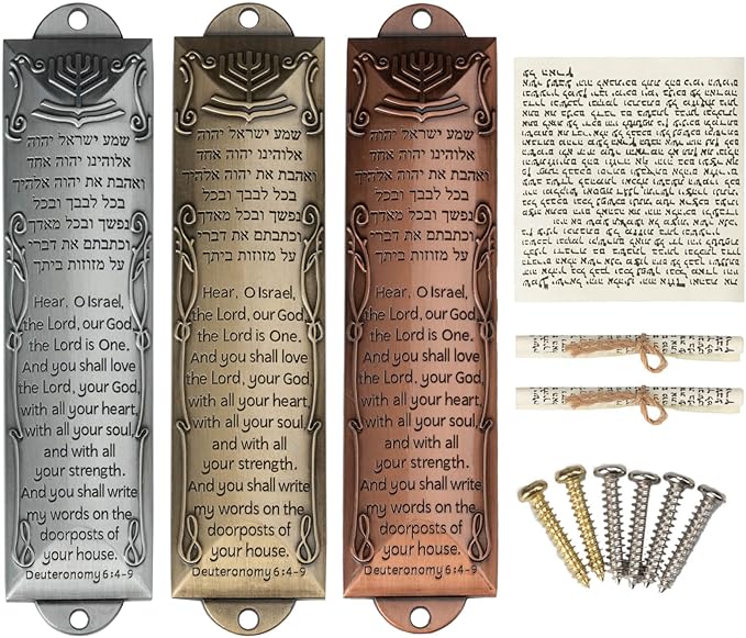 Mezuzah Set of 3 Jewish Door Mezuzah with English/Hebrew House Blessing, Metal Cases with Non-Kosher Scrolls, Gold, Silver, Bronze