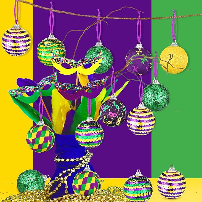 Zeyune 16 Pcs Mardi Gras Ball Ornaments 1.97" Mardi Gras Hanging Sequin Balls Decorations Purple Yellow Green Crown Mask Glitter Hanging Ornaments for Tree Carnival Holiday Party Favors