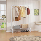 JIUYOTREE Standard Clothes Clothing Garment Rack with Storage Shelves Clothes Organizer for Hanging Clothes Coat Jacket Shirt Sweater Jeans White