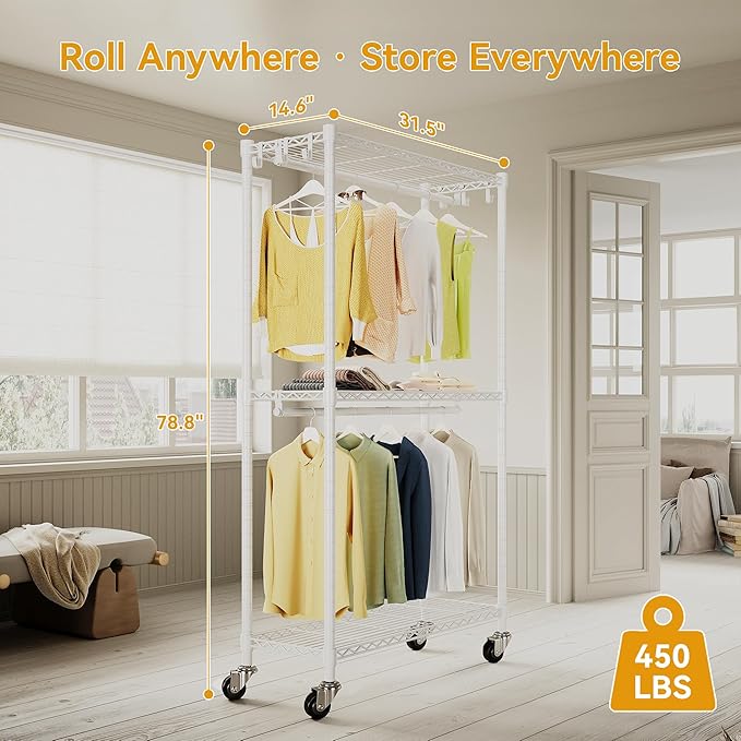 Rolling Clothing Rack for Hanging Clothes H2 Heavy Duty Garment Rack with Wheels Metal Adjustable Shelves & Double Hanging Rods Portable Closet for Bedroom, White Coat Rack