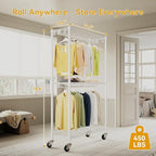 Rolling Clothing Rack for Hanging Clothes H2 Heavy Duty Garment Rack with Wheels Metal Adjustable Shelves & Double Hanging Rods Portable Closet for Bedroom, White Coat Rack
