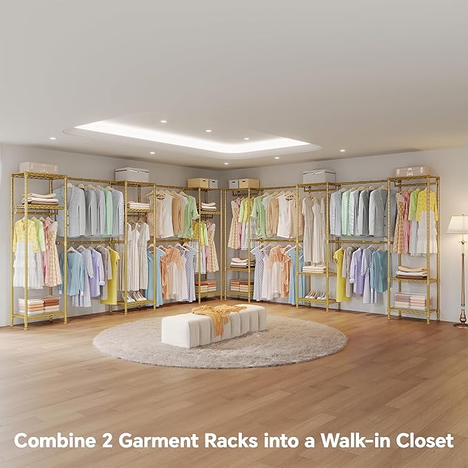Large Clothes Rack, Clothing Rack for Hanging Clothes, Heavy Duty Garment Rack, Freestanding Wardrobe Closet with Extendable Hanger Rods, Width from 7.8 to 10.8 ft, H11 Gold