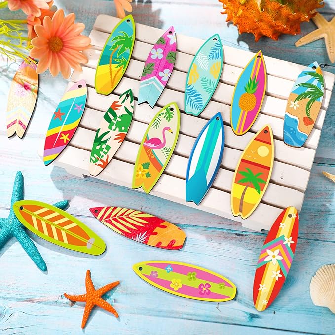 Geelin 36 Pcs Summer Wood Hanging Ornaments for Tree Mini Tree Decorations Hawaiian Beach Wooden Pendant Decorations with String for Luau Party Supplies(Surfboard)