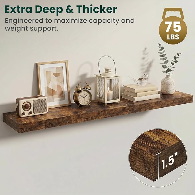 Floating Shelves for Wall 55 in x 9.3 in Deep, Wall Mounted Rustic Wood Shelf with Invisible Brackets for Storage & Display, Living Room Bedroom Bathroom, Brown, 1 Pack